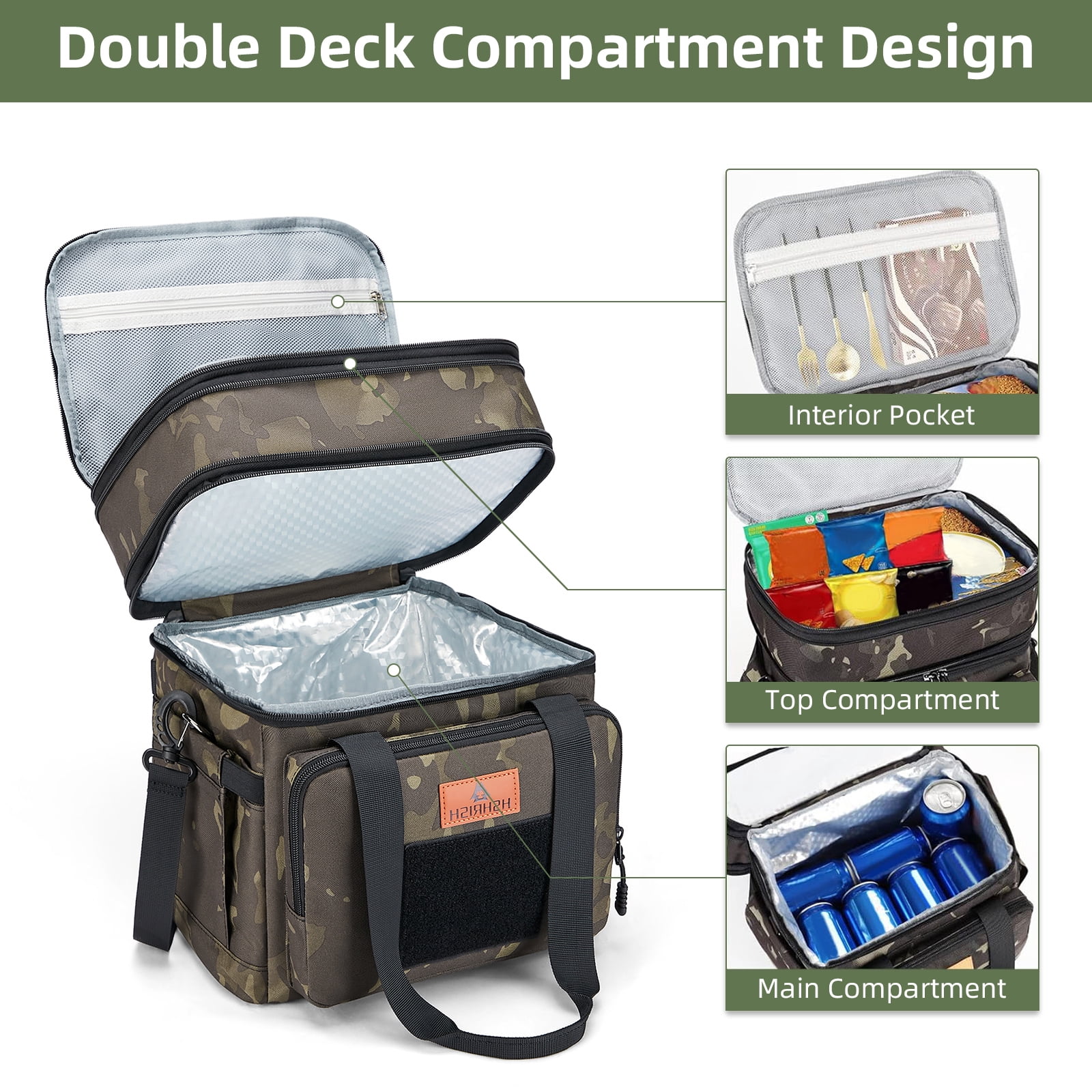 Holuxer Tactical Lunch Box for Men, Large Expandable Insulated Lunch Boxes, Durable Waterproof Leakproof Cooler Bag for Adults/Mens/Work Outdoor Beach Trips, 20 Cans/16 L, Camo
