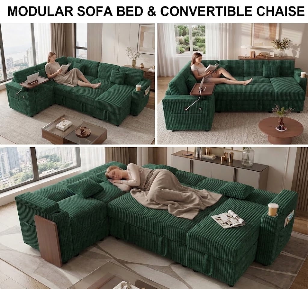 100" U-Shaped Sleeper Sofa with Pull-Out Bed, USB Charging Ports, Cup Holder, Flip-Top Table, Storage Chaise, Corduroy Sectional Couch for Living Room, Apartment & Guest Room