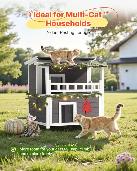 Insulated 2 Story Wooden Cat House with Foam Balcony Waterproof Indoor Outdoor Shelter for 1-3 Cats Winter 33 x 29.5 x 32 in