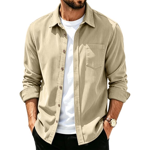 Mens Solid Lapel Collar Long Sleeve Shacket, Loose Casual Button Down Shirt Jacket, Autumn Chest Pocket Outerwear Top