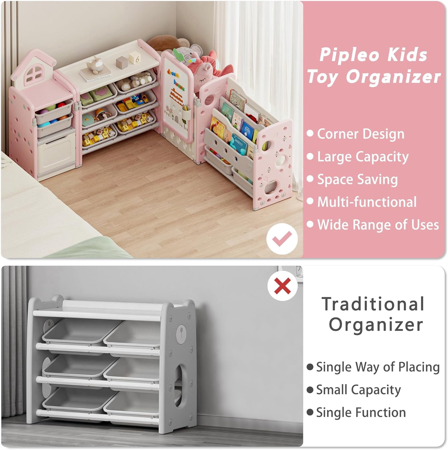 Kids Toy Storage Organizer with 10 Removable Bins, NEORIVER Foldable Toy Organizers and Storage with 3-Tier Bookshelf for Kids Toy Storage Organizer with Drawing Board, Extra 3 Brushes