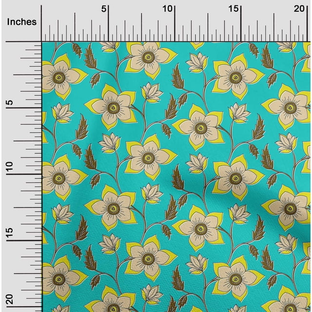 oneOone Rayon Turquoise Green Fabric Leaves & Flower Floral Sewing Craft Projects Fabric Prints By Yard 56 Inch Wide