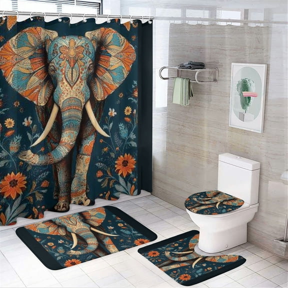 RKSupls 4PCS Christmas Shower Curtain Sets, Ethnic Elephant Shower Curtain Set, Christmas Bathroom Sets with Non-Slip Rugs, Toilet Lid Cover and Bath Mat with Hooks
