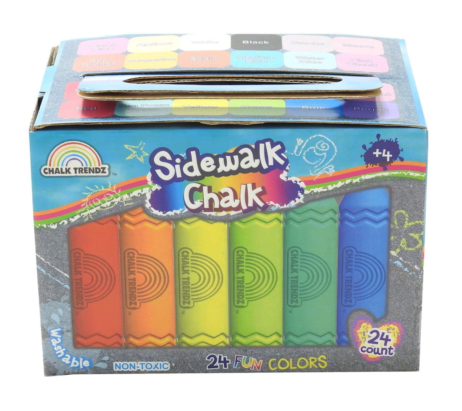 Blue Green Novelty Washable Sidewalk Chalk, 24 Assorted Bright Colors