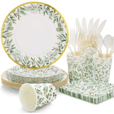 Sage Green Party Decorations,Bridal Shower Plates and Napkins Sets,Sage Green Paper Plates Dinnerware for Greenery Bridal Shower, Baby Shower,Wedding and Baptism Decorations