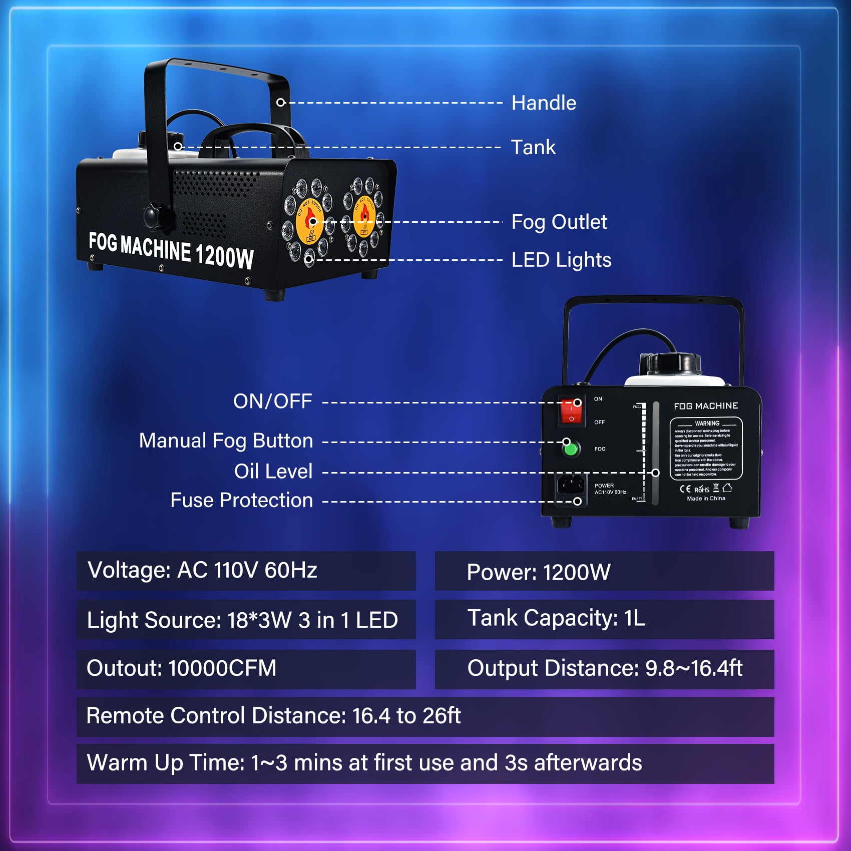 TCFUNDY 1200W Dual Nozzle Fog Machine, Horizontal Spray Fogger w/ 18 RGB 3-1in-1 LED, Dual Spray Smoke Machine w/Remote Control, ideal for Halloween, Event, Parties and Stage Effect, Black