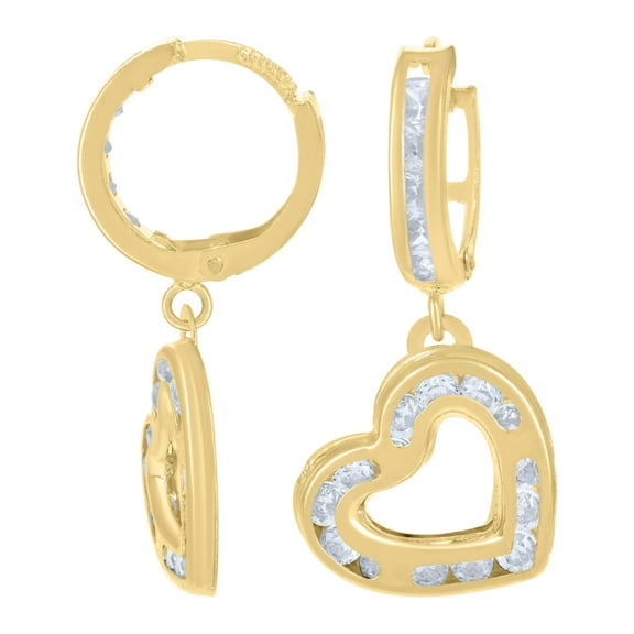 10kt Real Yellow Gold Womens Cubic-Zirconia Heart Dangle Hoop Earrings