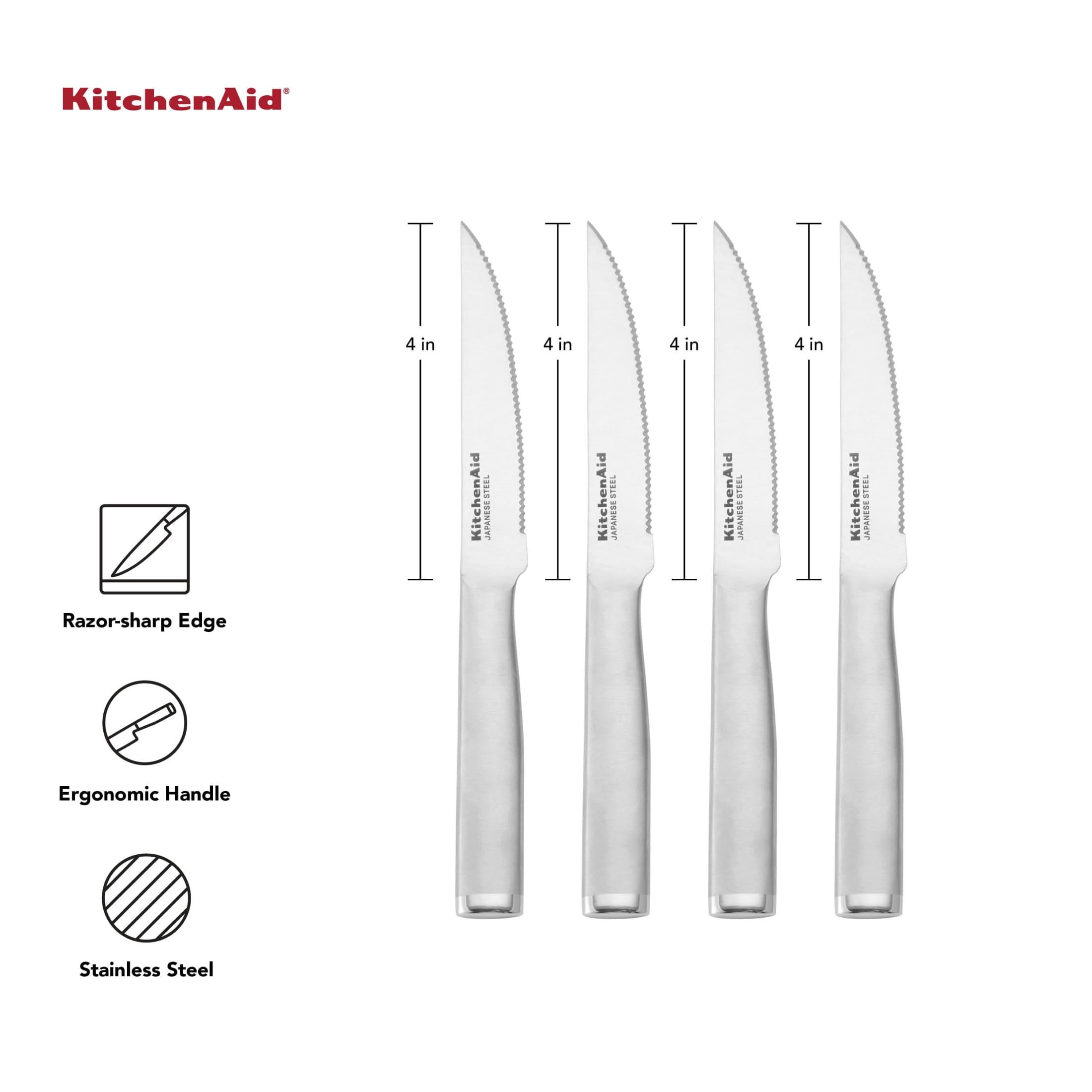 KitchenAid Gourmet 4-Piece Forged Steak Knife Set, High-Carbon Japanese Steel, Brushed Stainless