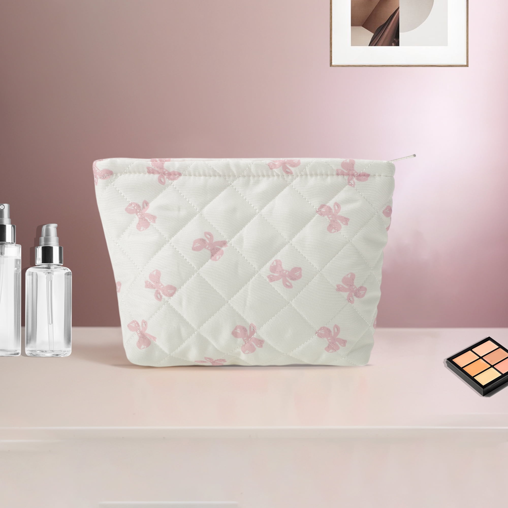 Unique Bargains 1 Pc Fashion Plaid Bow Makeup Bag for Organization Pink