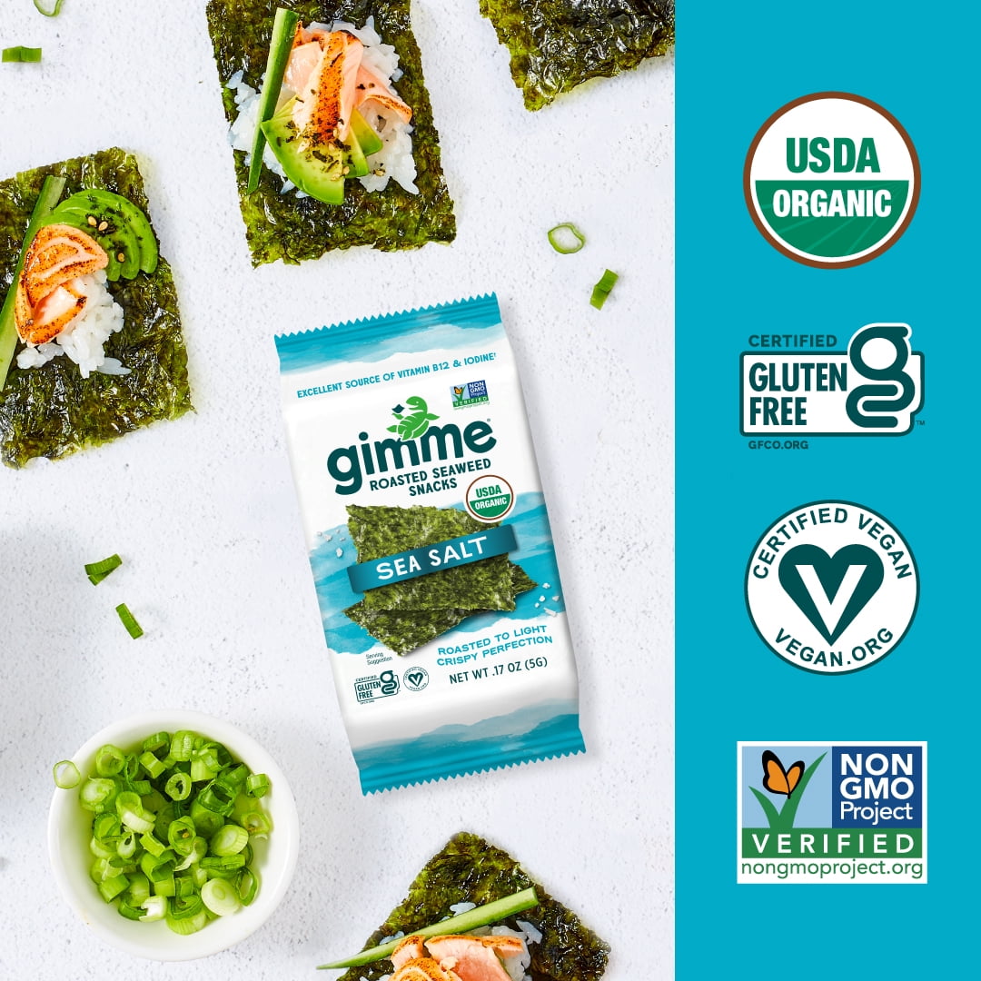 (6 pack) Gimme Organic Roasted Seaweed Snacks with Sea Salt, 4 Pack, 5g, Crispy Texture, Eco-Friendly Packaging