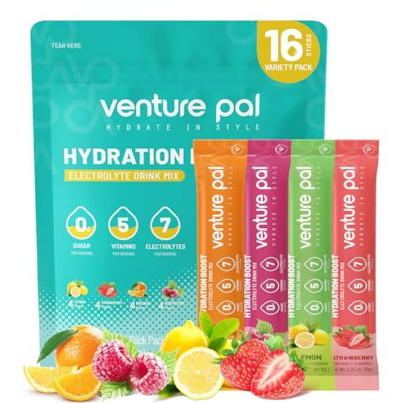Venture Pal Sugar Free Electrolyte Powder Packets - Liquid Daily IV Drink Mix for Rapid Hydration & Party Recovery | 5 Vitamins & 7 Electrolytes| Keto Friendly | Non-GMO | Certified Vegan | 16 Sticks