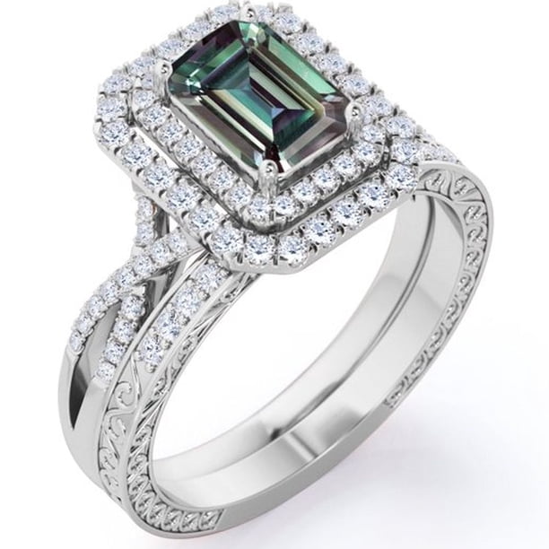 JeenMata Alejandrita y Moissanita Cultivadas en Laboratorio de 2 Quilates con Corte Esmeralda Diseño Eduardiano: Conjunto de Boda con Halo Doble Infinito: Baño de Oro Blanco de 18 K sobre Plata