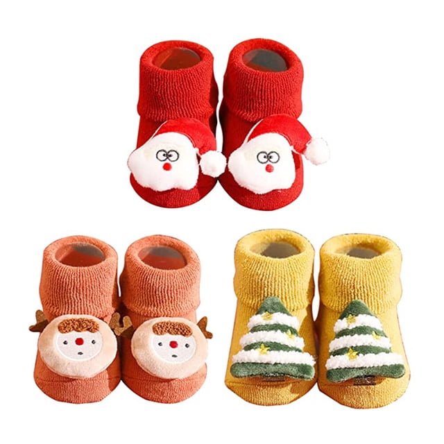 3 pares de calcetines navideños para bebé, antideslizantes, con dibujos animados, gruesos, para el suelo, suaves y divertidos.