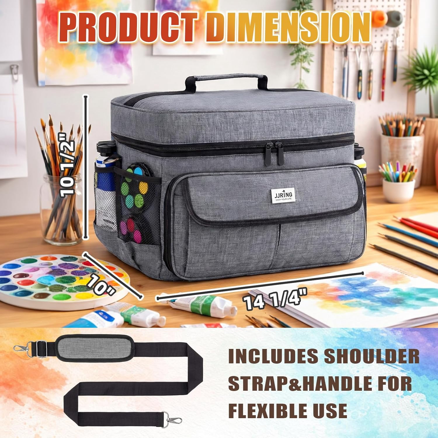 LAVFOX Adjustable Paint Storage Bag, Portable Art Supplies Organizer Tote with 12 Brush Slots for Multi-Size Acrylic Bottles and Craft Accessories, Heather Grey