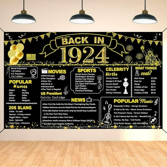 101st Birthday Black Gold Party Decoration, Back in 1924 Banner 101 Year Old Birthday Party Poster Supplies, 6x3.6ft Large Vintage 1924 Backdrop Photography Background for Men and Women