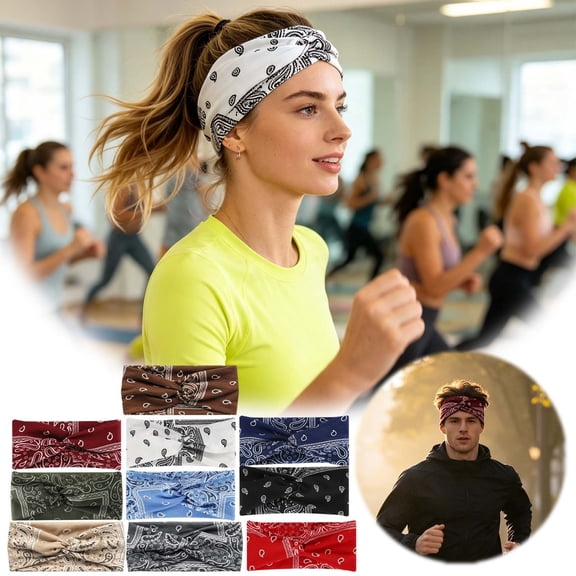 Wide Twist Knot Sports Headband Classic Paisley Pattern Elastic Sweat Wicking Hair Band Breathable Head Wrap For Workout Outdoor Activities Daily Styling