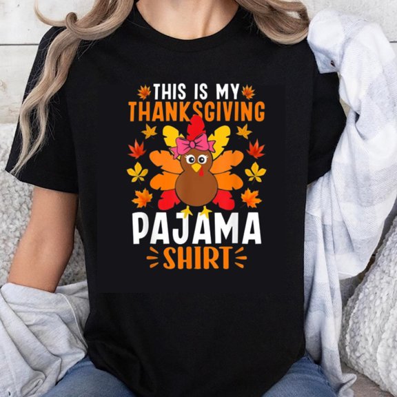100% Cotton This Is My Thanksgiving Pajama Shirt Turkey Autumn Leaves Funny Holiday T-Shirt for Women Men Family Matching Sleepwear Casual Top