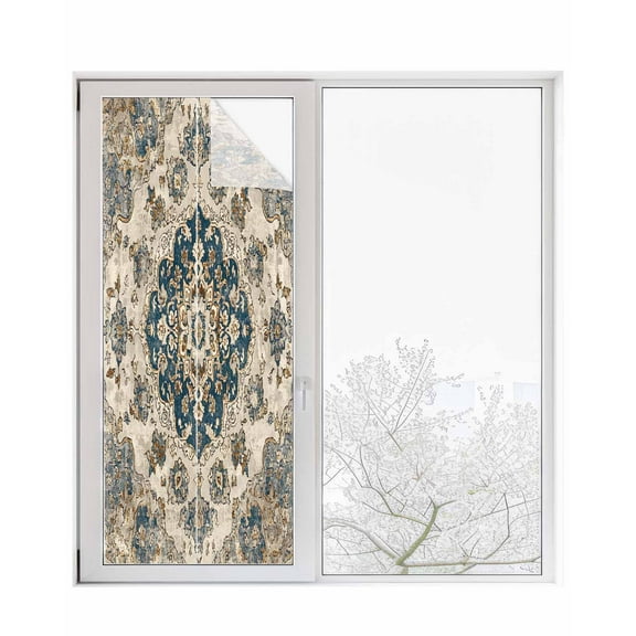 Window Privacy Film Blue Brown Boho Stained Glass Window Film Decorative Sun Block Window Cover Ethnic Vintage Southwestern Geometric Window Clings Static Adhesive Sticker for Bathroom 23.6"x59"