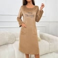 thumbnail image 5 of VNKIDY Womens Plush Nightgown Dress Solid Color Letter Print Long Sleeve Crewneck Sleep Shirt With Pockets For Warm Loungewear Khaki L, 5 of 9