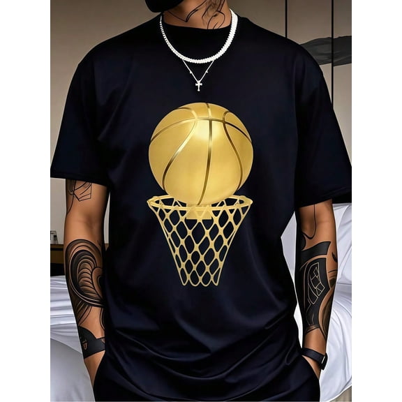 Men's Basketball Net Printed T-Shirt, Graphic Tee Summer Tops, Crew Neck