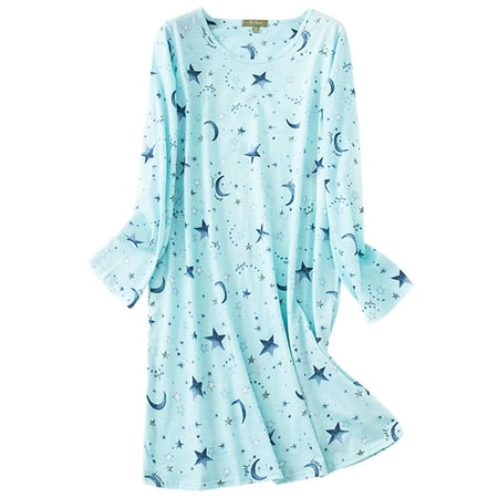 

American Trends Womens Long Sleeve Nightgowns Cotton Nightgowns Sleep Shirt for Women Soft House Dresses Night Gown for Ladies Long Green Star S