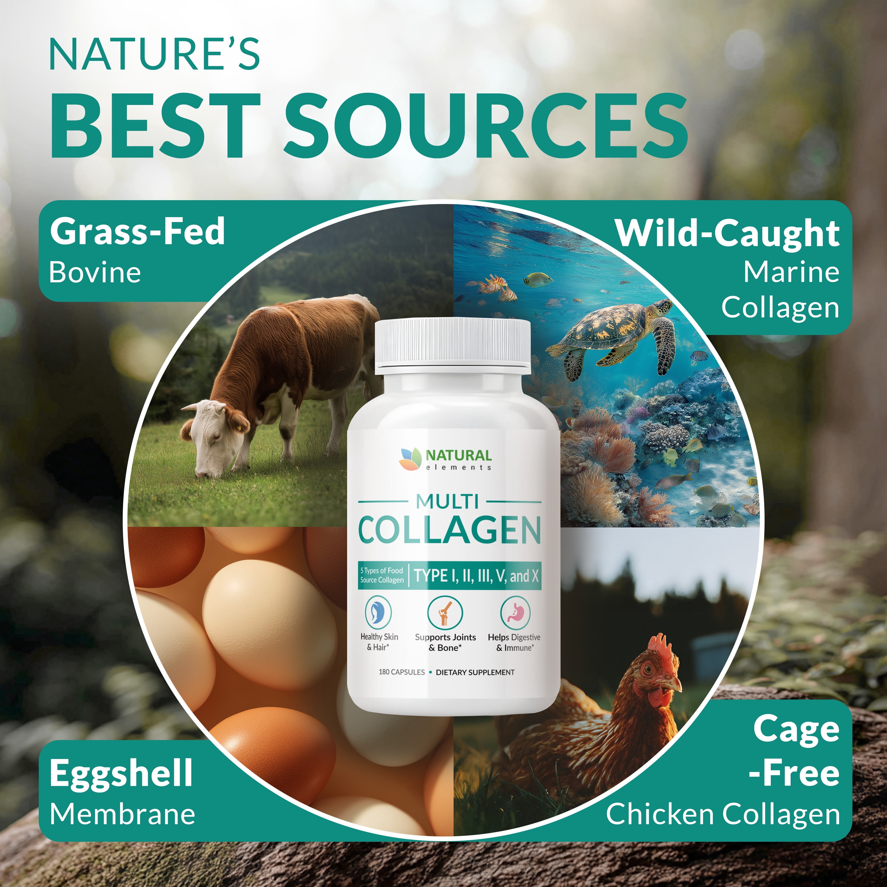 Collagen Pills - 180 Collagen Capsules with Proprietary Blend of Type I, II, III, V, X - 2025mg per serving collagen supplement