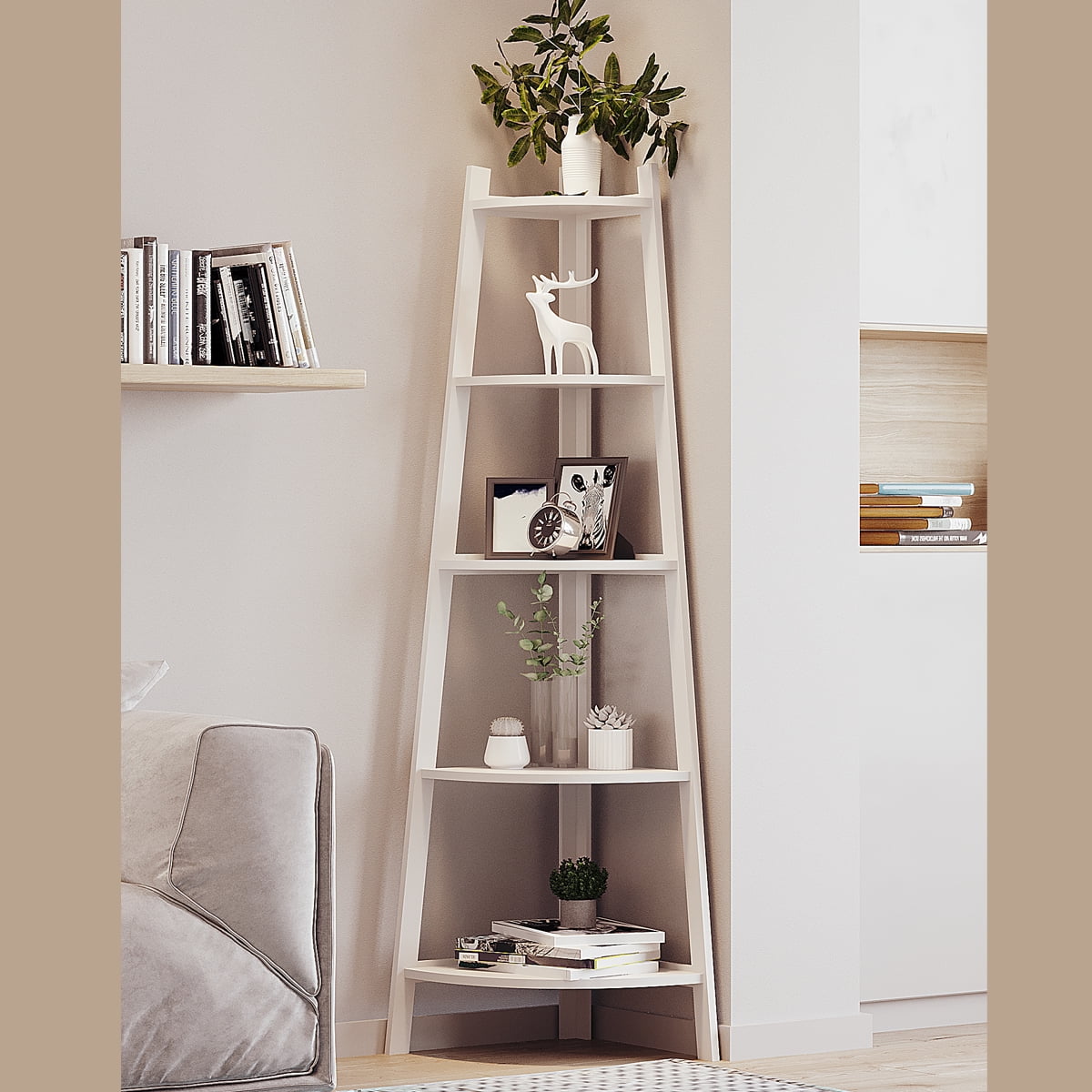 5 Tier Corner Ladder Shelf Floor Stand Shelves Bookshelf Home Bookcase FreeStand 