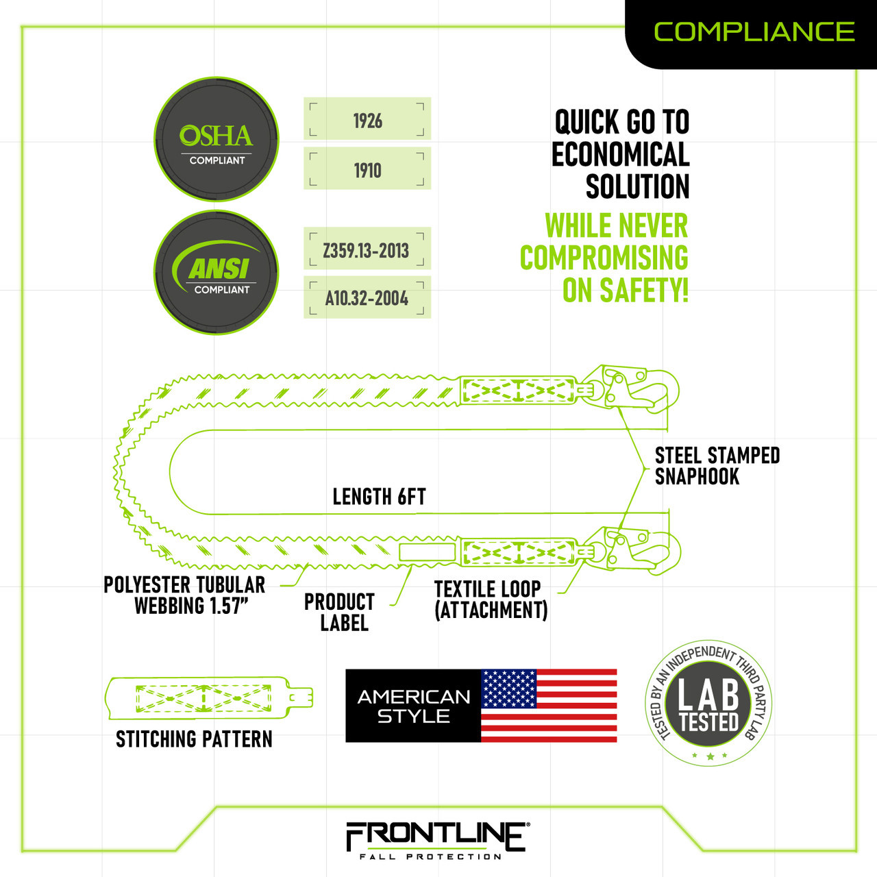 Frontline LIS61S-AM Combat™ American Style Single Leg 6' Snaphook Lanyard with Internal Shock Absorber