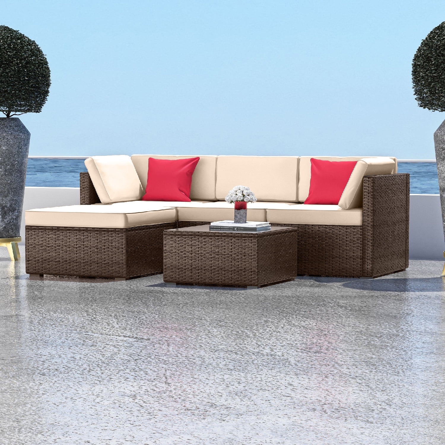 Hearth & Harbor 5-Piece Outdoor Furniture Sets, Wicker Sectional Patio Set, Brown/Beige