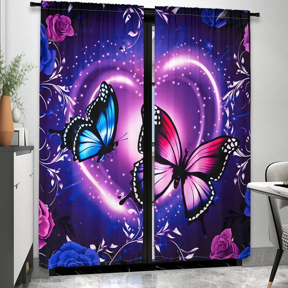 WNOOHIY Vivid Romantic Purple Butterfly Heart Light-Filtering Curtain for Bedroom and Living Room, Set of 2 Panels