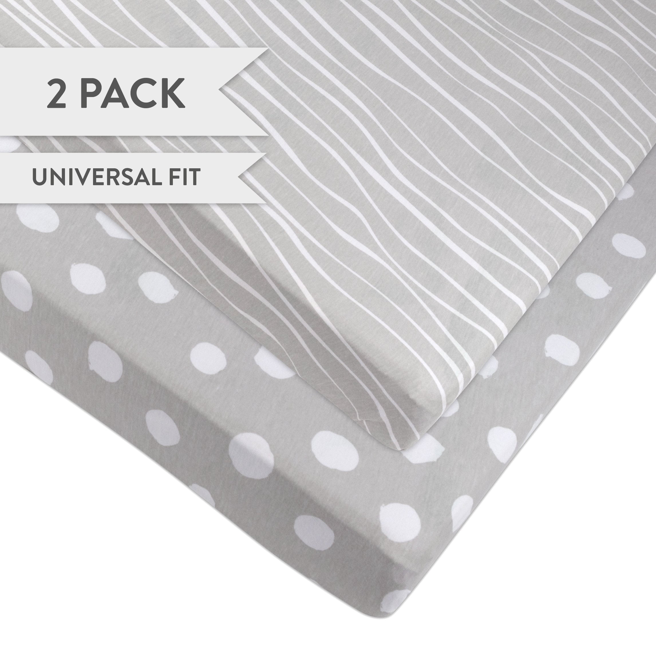 Pack N Play Portable Crib Sheet Set 100% Jersey Cotton 2 Pack - Grey and White Abstract Stripes and Dots