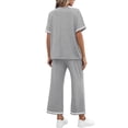 thumbnail image 4 of GIPQJK 2pcs Women Lounge Set Short Sleeve Crew Neck Casual Clothing Drawstring Striped Wide Legs Trousers Summer Solid Color Loungewear,Light Gray L, 4 of 6