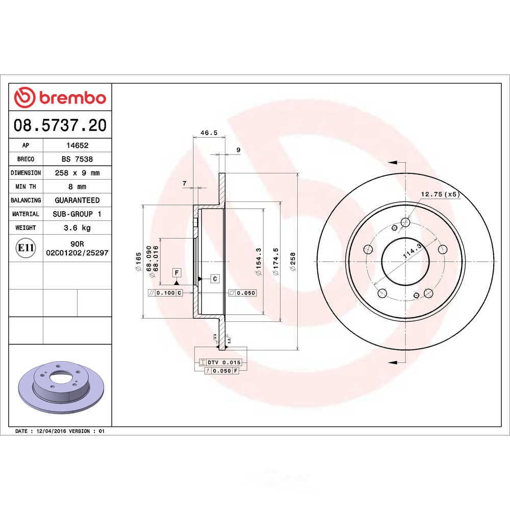 Brembo 08.5737.20 Disc Brake Rotor Fits select: 1995-1996 NISSAN 240SX BASE/SE, 1997-1998 NISSAN 240SX BASE/LE/SE