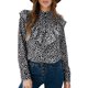 thumbnail image 1 of Blusa casual de mujer con estampado de puntos y volantes con cuello alto y botones de manga larga Abanopi Negro-B/Medio, 1 of 7