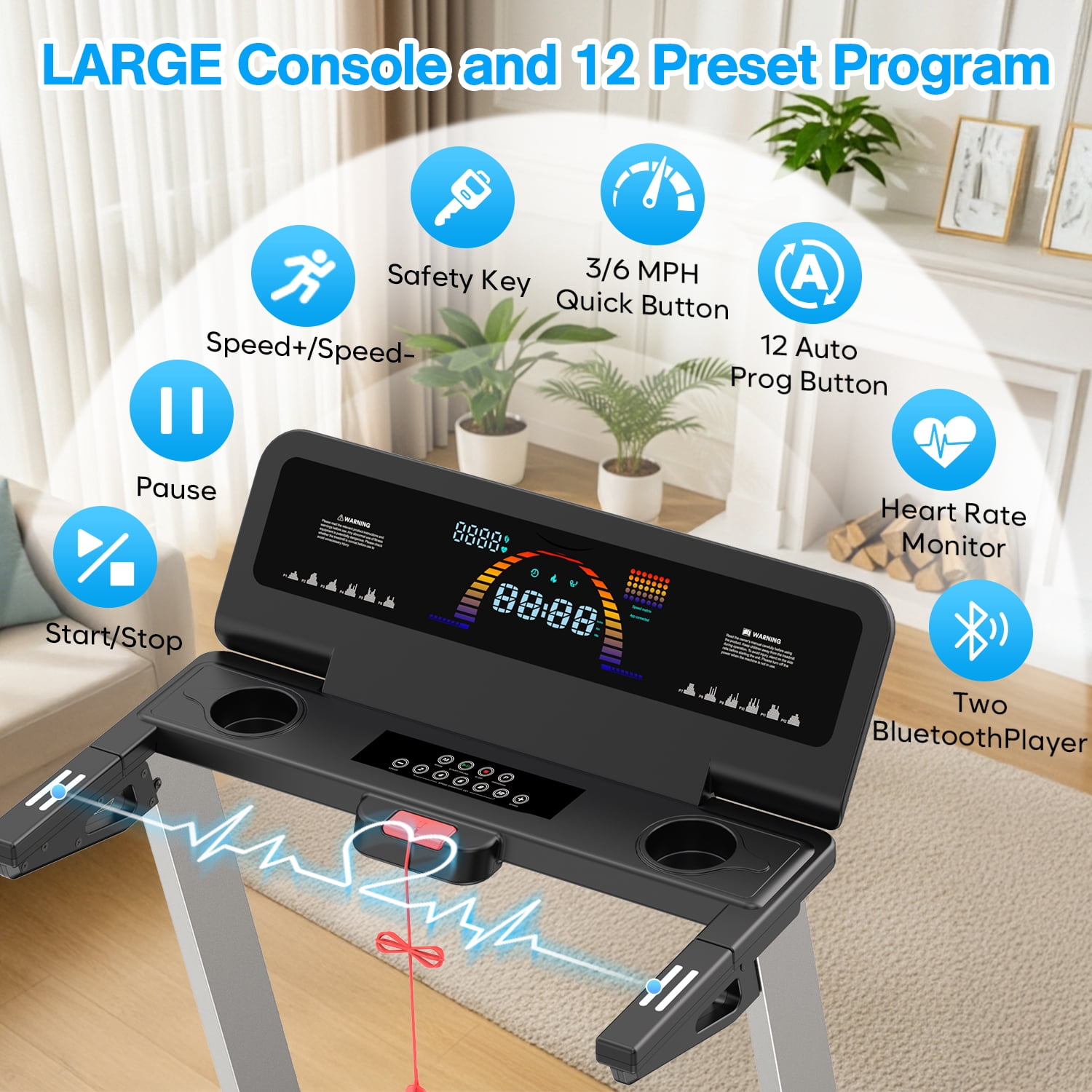 YZRUN 4 HP Incline Treadmill for Home, 450 lbs Capacity, Portable Folding Treadmill with 20"x 45"Running Area, Bluetooth Speaker，10 MPH