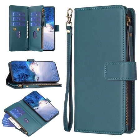 Dteck for Apple iPhone 12 Pro Max Magnetic Wallet Case, RFID Blocking Wallet Case for Women and Men with 9 Credit Card Holder Zipper Handbag Pocket PU Leather Protective Cover Case, green