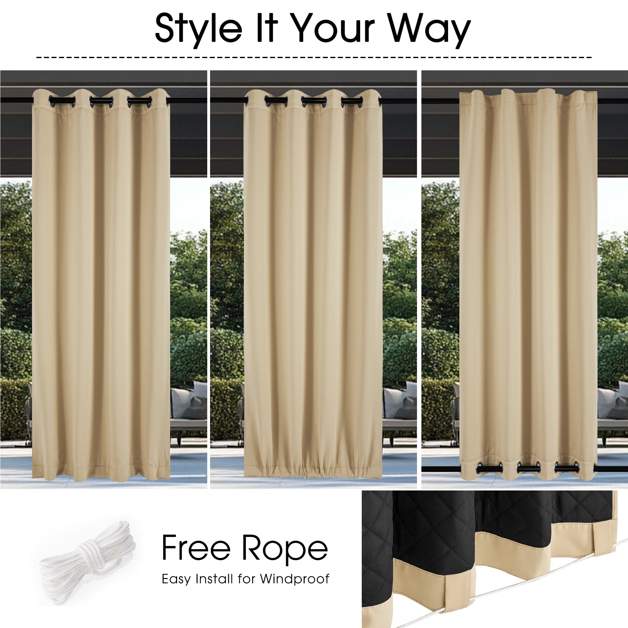NICETOWN Thermal Insulated Outdoor Curtain for Patio, Windproof Top Grommet & Bottom Backtab Quilted Waterproof Curtain for Porch, Biscotti Beige, W52 x L84, 1 Panel