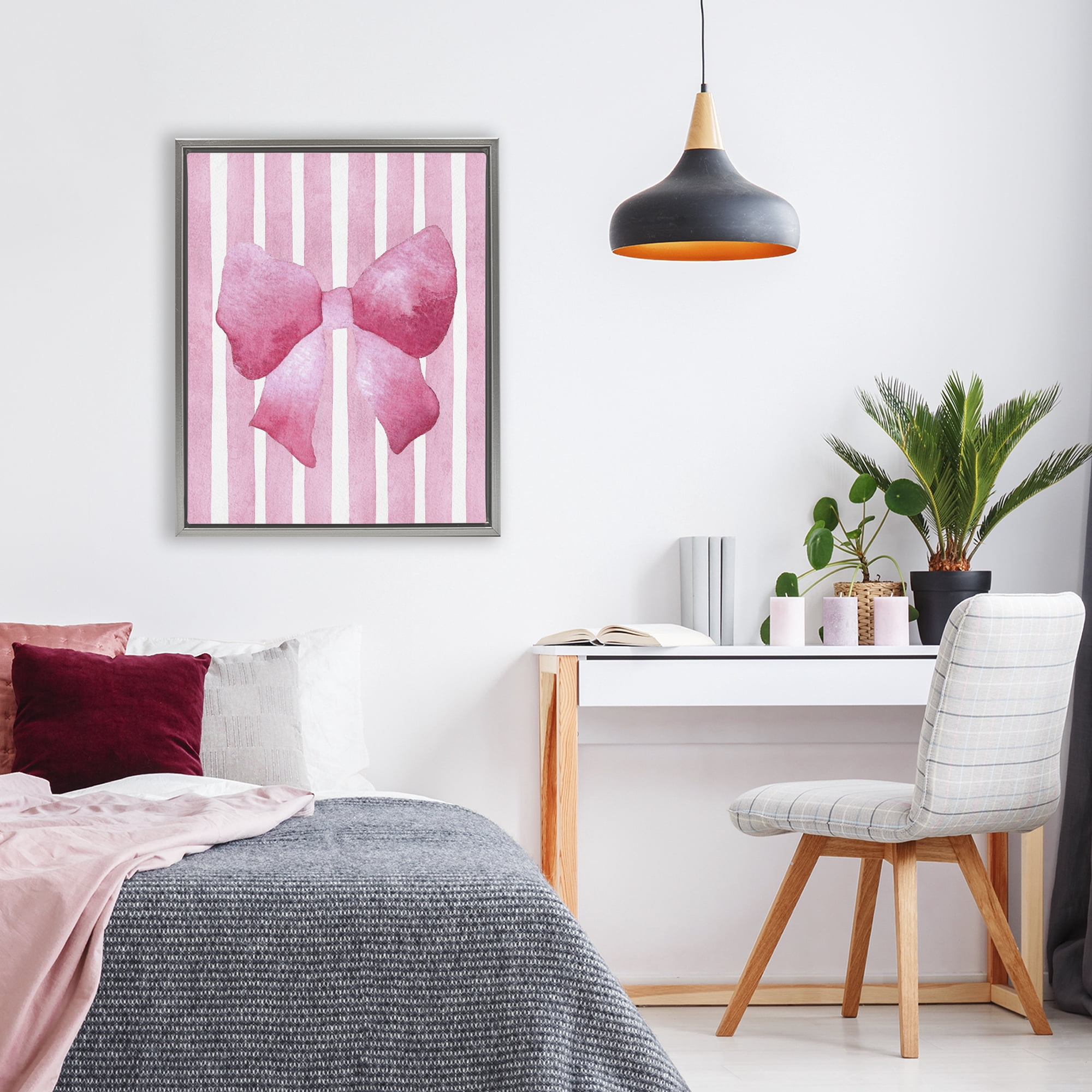 Stupell Industries Chic Bow on Pink Stripes Gray Framed Floater Canvas Wall Art, design by Camila Juncos