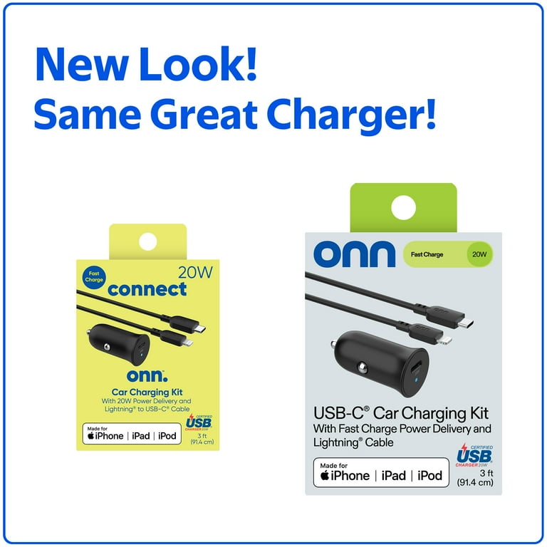 Onn 20W USB-C Car Charger, Single Port, Includes 3ft USB-C