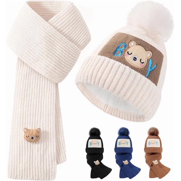 2Pcs Kids Winter Hat Scarf Set, Warm Fleece Lining Girls Winter Hats with Pom, Knit Scarf for 3-12 Years Boys Girls