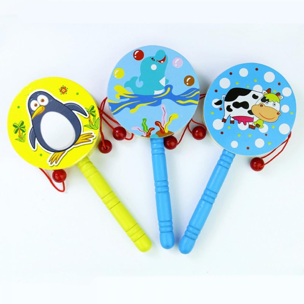 Baby Wooden Rattle Toy Cartoon Rattle Drum for Infant Todder Musical