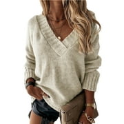 Rosfancy Women V Neck Cable Knit Sweaters Oversize Long Sleeve Fall Pullover Jumper Tops Warm, S-XXL