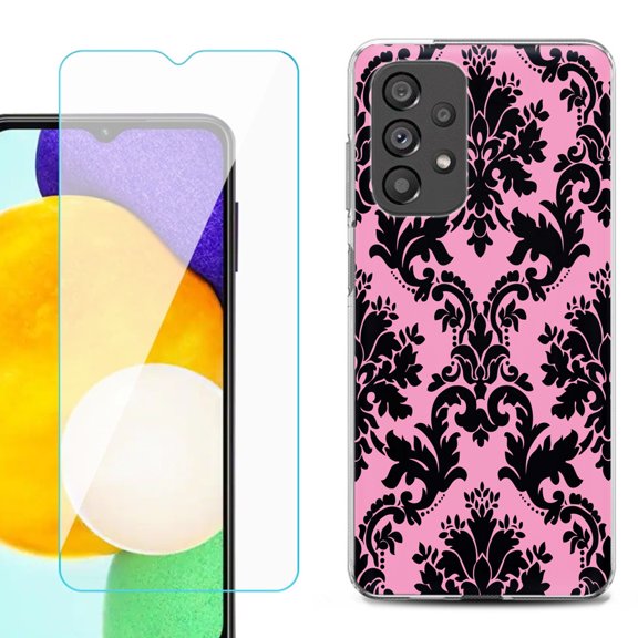 Slim-Fit Gel TPU Phone Case for Samsung Galaxy A23 5G, with Tempered Glass Screen Protector, by OneToughShield ® - Victorian Pink/Black