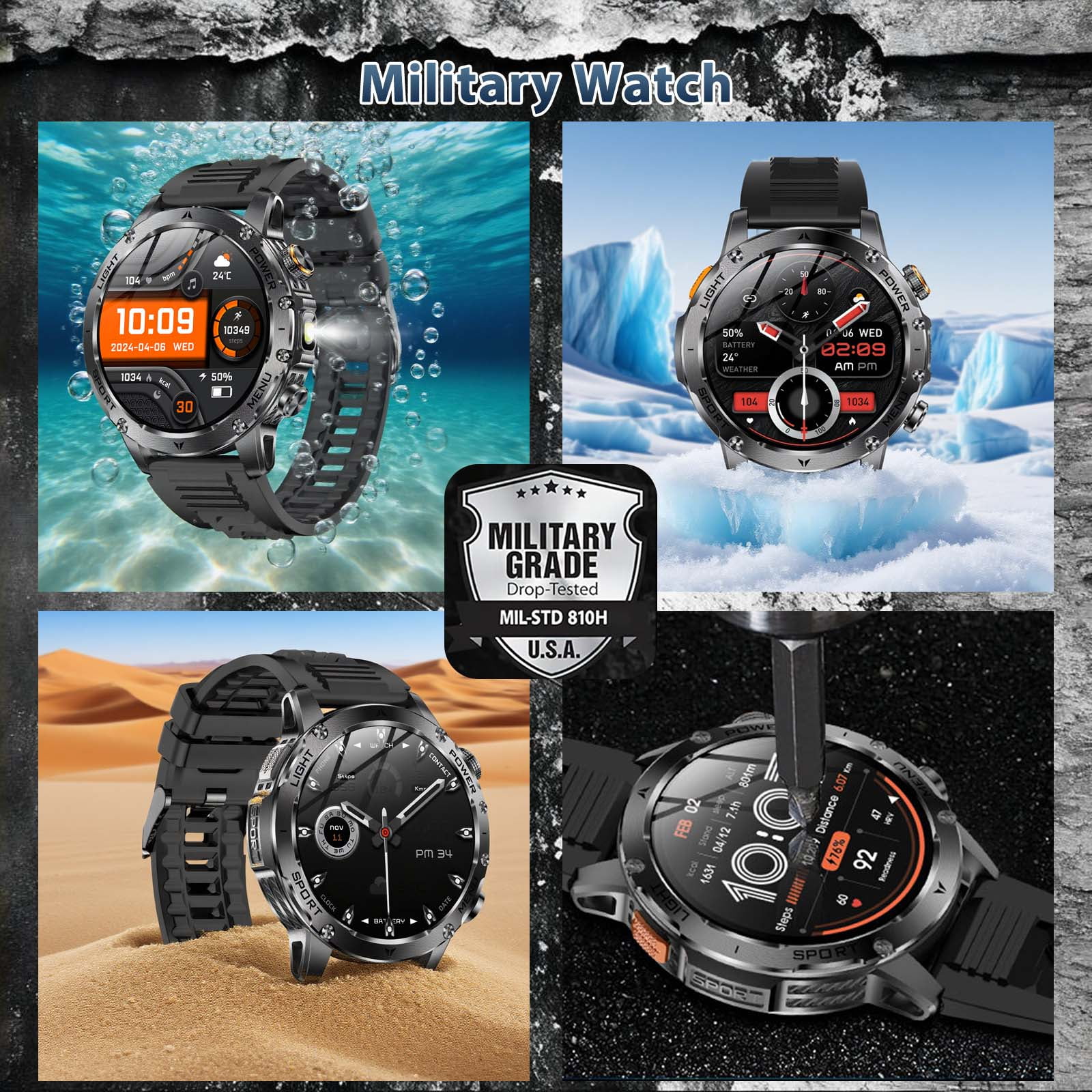 VOPOCO Smart Watches for Men (Answer/Make Calls) with LED Flashlight 1.7" HD, Outdoor Smartwatch with 100+ Sport Modes IP68 and Bluetooth Calling for iOS/Android Phones