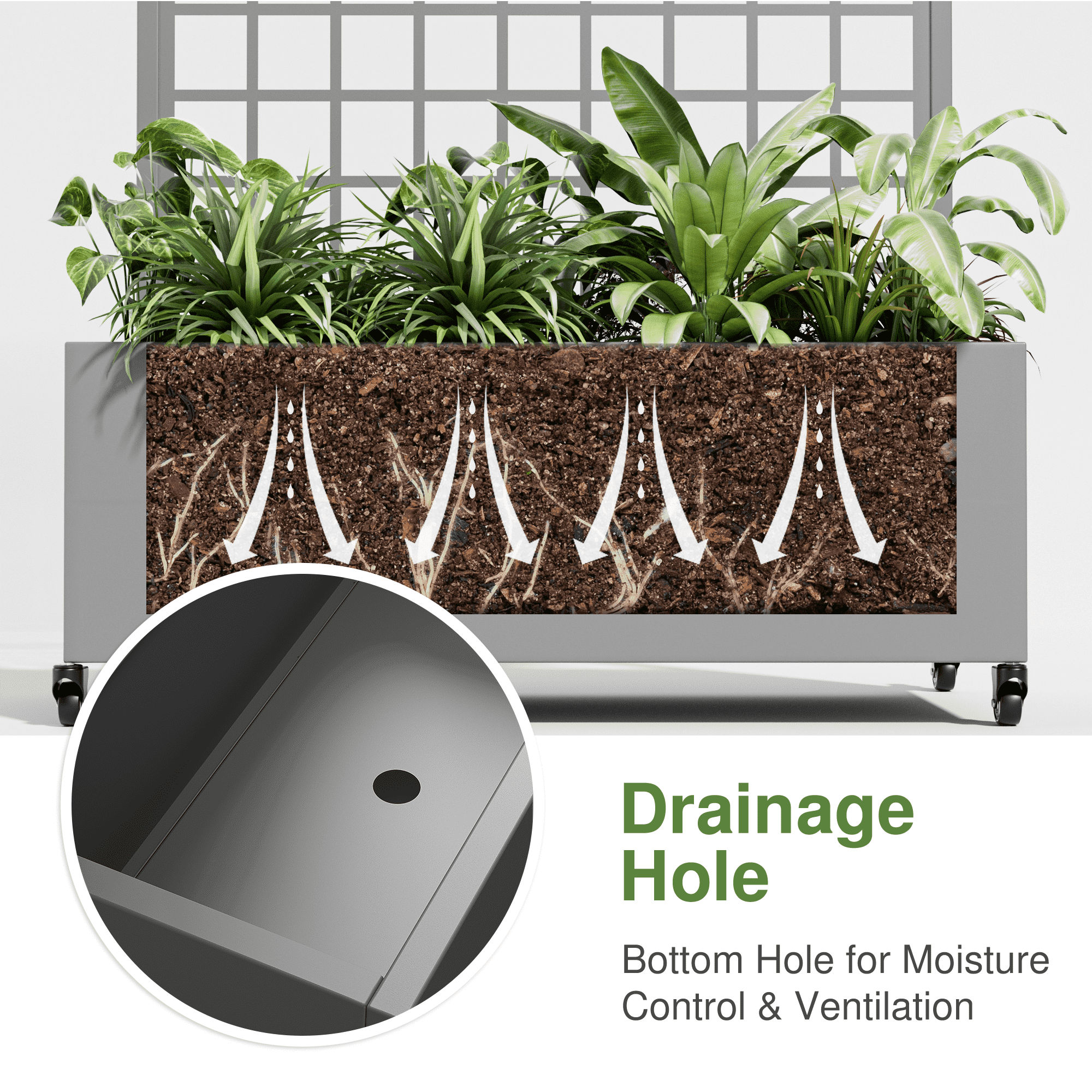 MAYEERTY 35*16*71"Outdoor Gray Metal Planter with Arch Climbing Trellis, Drainage hole & Wheels, Grid Pattern