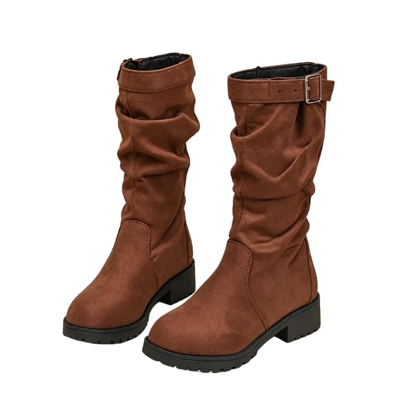 FAHXNVB Girls Knee High Boots Slouchy Buckle Chunky Heel Tall Riding Boots for Fall Winter Size 4-15Years
