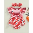 thumbnail image 2 of Bagilaanoe 2Pcs Baby Girls 4th of July Outfits Striped Star Print Flying Sleeve Layered Romper Dress + Hairband for 0-18 Months, 2 of 9