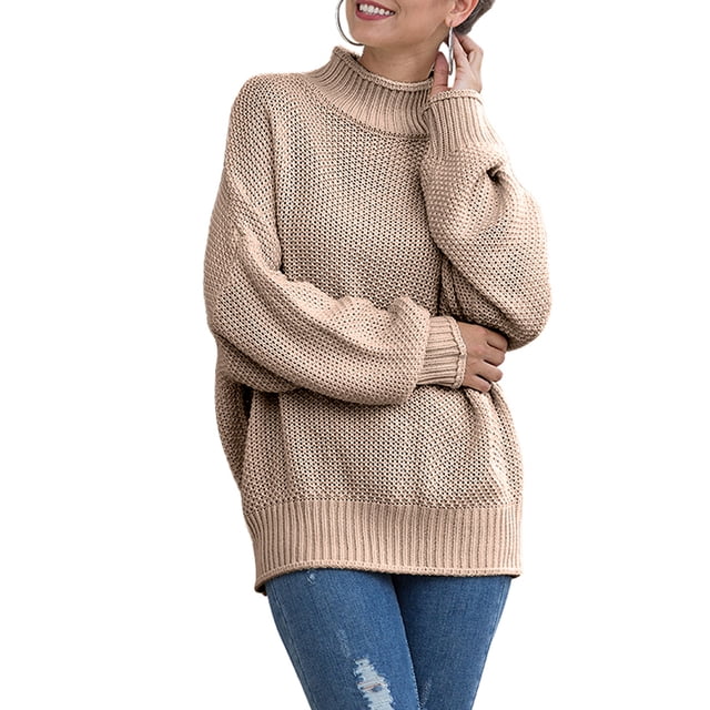 Kmbangi Pull pour Femmes, Col Roulé Uni Manches Ballon Tricot