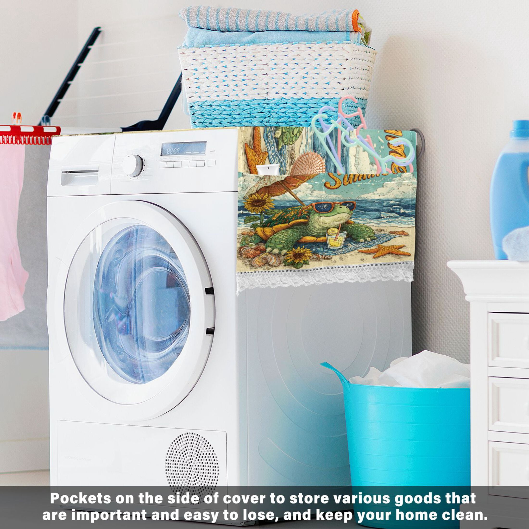 Washing Machine Cover 51.2x22in, Durable Polyester Dust Cover with Lace Trim and Side Pocket for Appliances Summer Turtle