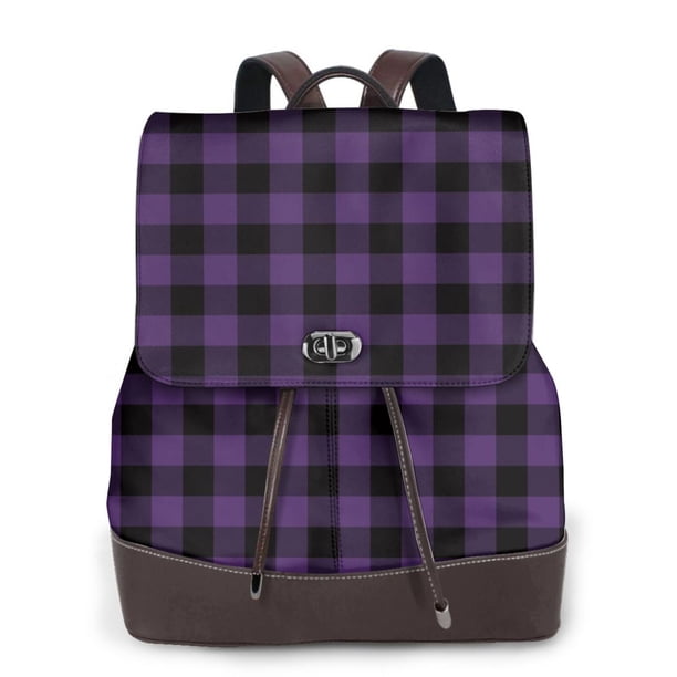 Fotbe Purple Black Plaid Mochila Bolso con Estampado para Mujer, Mochila Antirrobo de Nylon Impermeable, Bolsa Ligera de Hombro